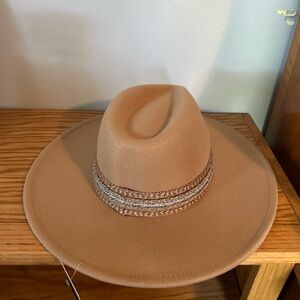 Justin & Taylor Nude Fedora Hat With Gold Trim One Size Adjustable NEW